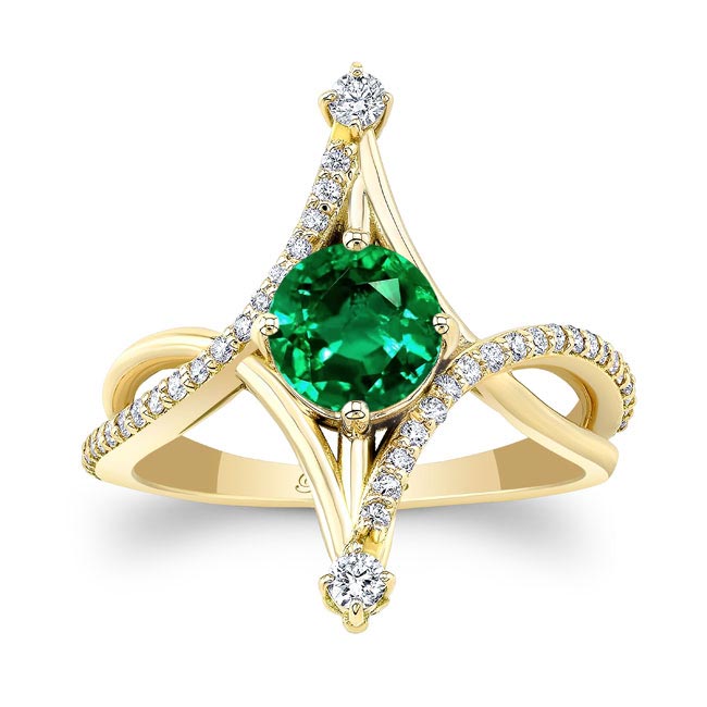 Yellow Gold Unusual Round Lab Grown Emerald And Diamond Ring
