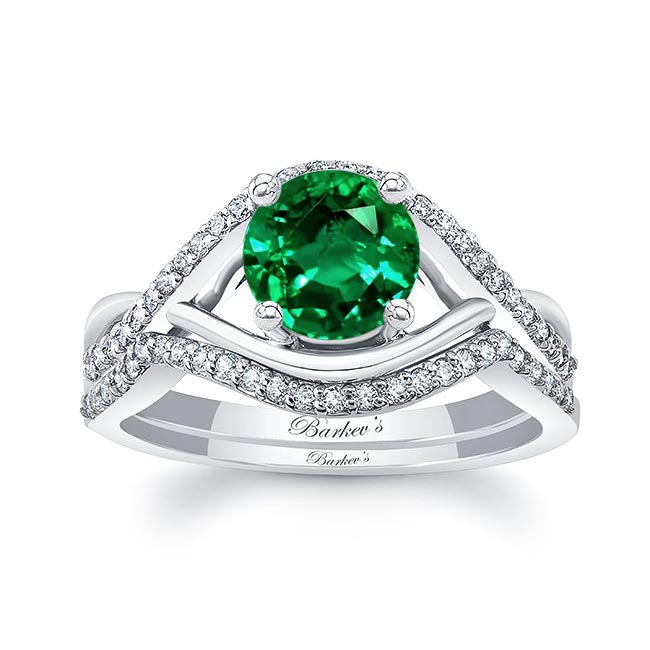 White Gold Emerald And Diamond Criss Cross Ring Set