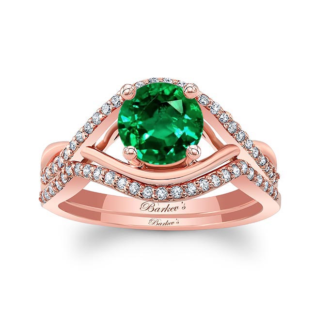 Rose Gold Lab Grown Emerald And Diamond Criss Cross Ring Set