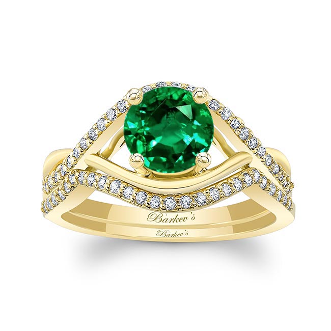 Yellow Gold Lab Grown Emerald And Diamond Criss Cross Ring Set