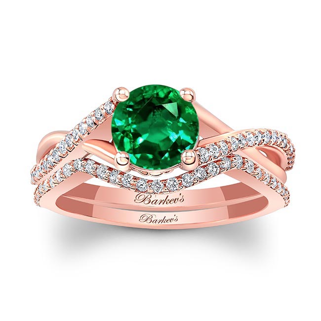 Rose Gold One Carat Lab Grown Emerald And Diamond Bridal Set