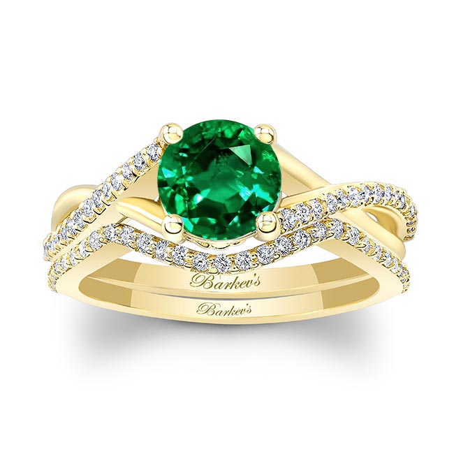 Yellow Gold One Carat Emerald And Diamond Bridal Set