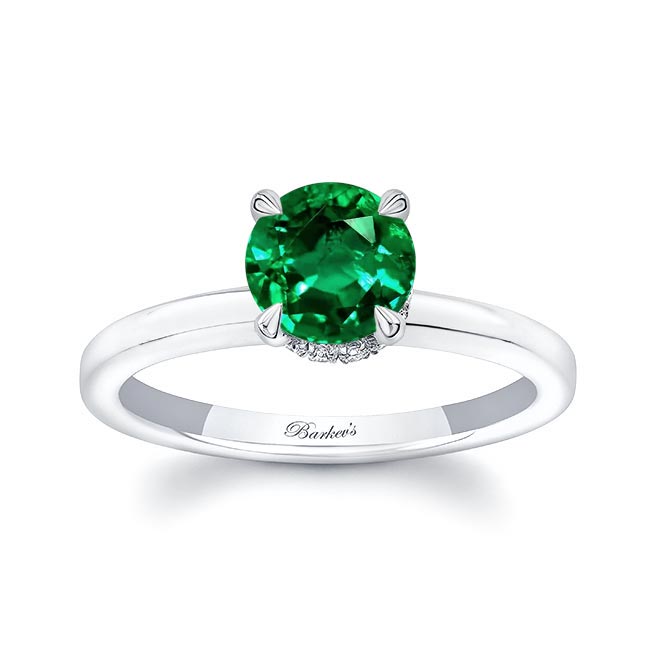 White Gold Round Hidden Halo Emerald And Diamond Engagement Ring