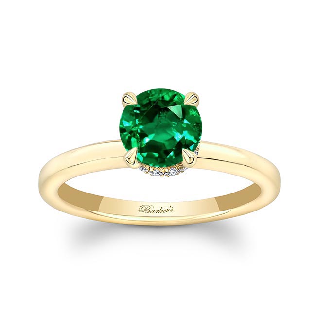 Yellow Gold Round Hidden Halo Emerald And Diamond Engagement Ring