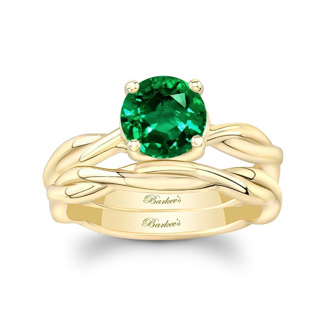 Yellow Gold Lab Grown Emerald Twist Solitaire Bridal Set