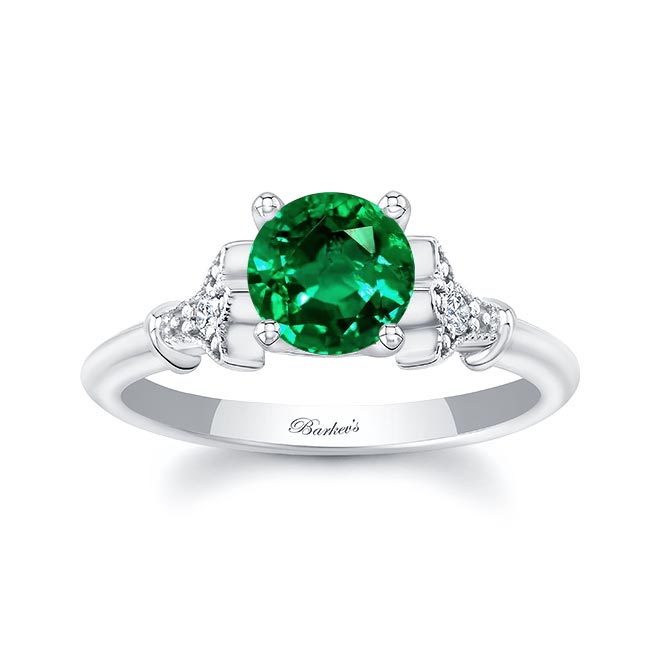 White Gold Petite Leaf Emerald And Diamond Engagement Ring