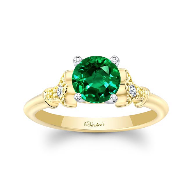 Yellow Gold Petite Leaf Emerald And Diamond Engagement Ring