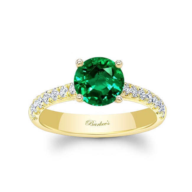 Yellow Gold Round Lab Grown Emerald And Diamond Engagement Ring