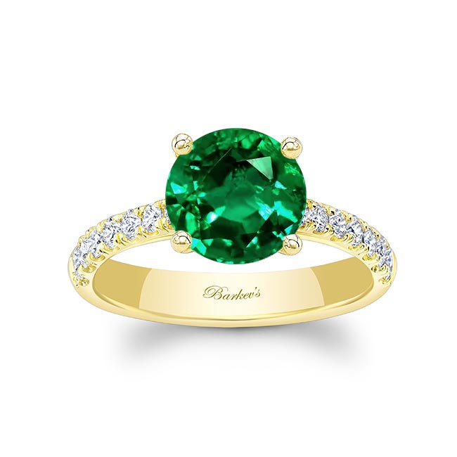 Yellow Gold 3 Carat Round Emerald And Diamond Engagement Ring