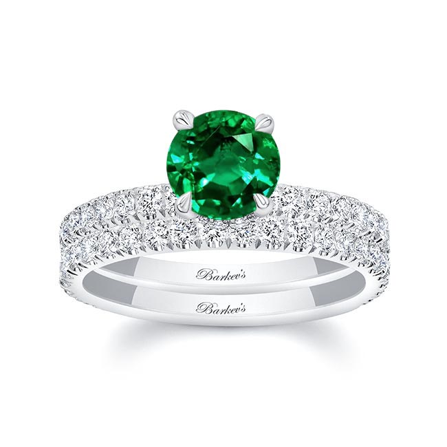 White Gold Lab Grown Emerald And Diamond Halo Wedding Set