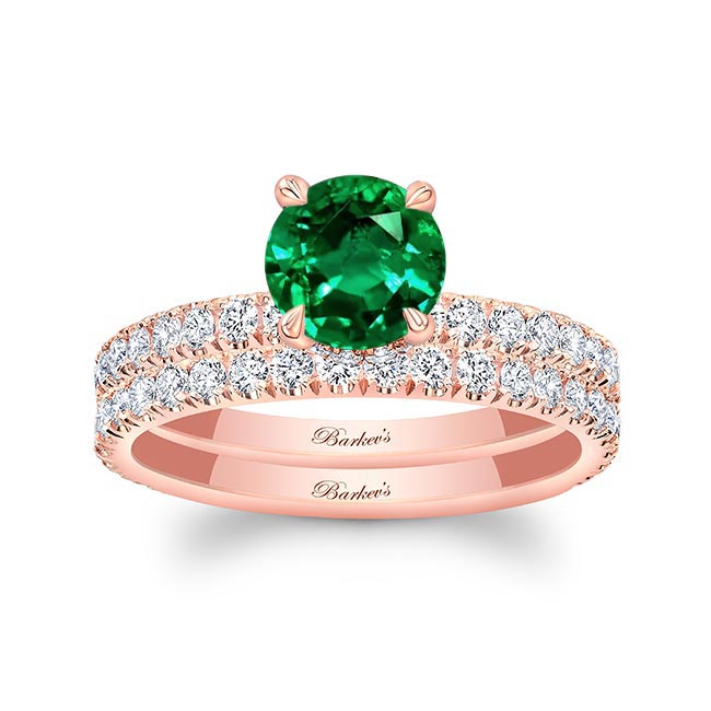 Rose Gold Emerald And Diamond Halo Wedding Set