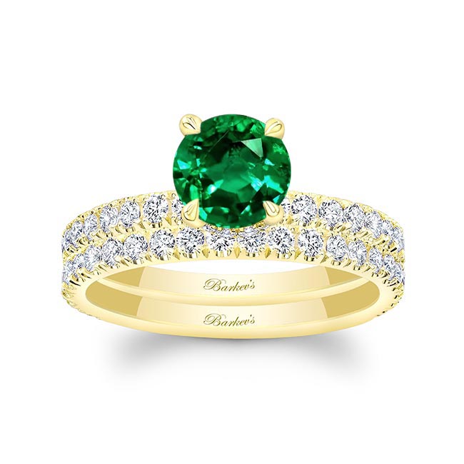 Yellow Gold Emerald And Diamond Halo Wedding Set
