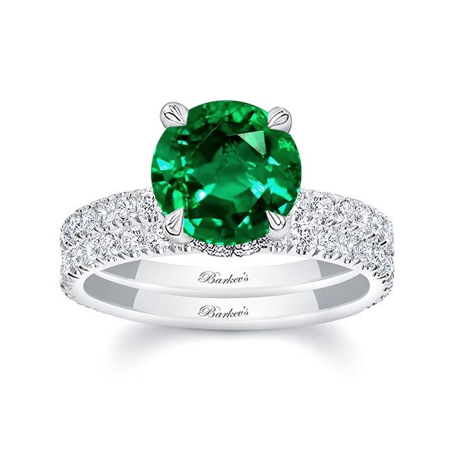 Platinum 3 Carat Lab Grown Emerald And Diamond Halo Wedding Set
