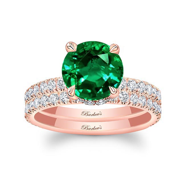 Rose Gold 3 Carat Emerald And Diamond Halo Wedding Set