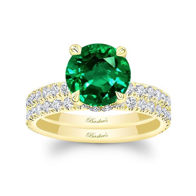 Yellow Gold 3 Carat Emerald And Diamond Halo Wedding Set