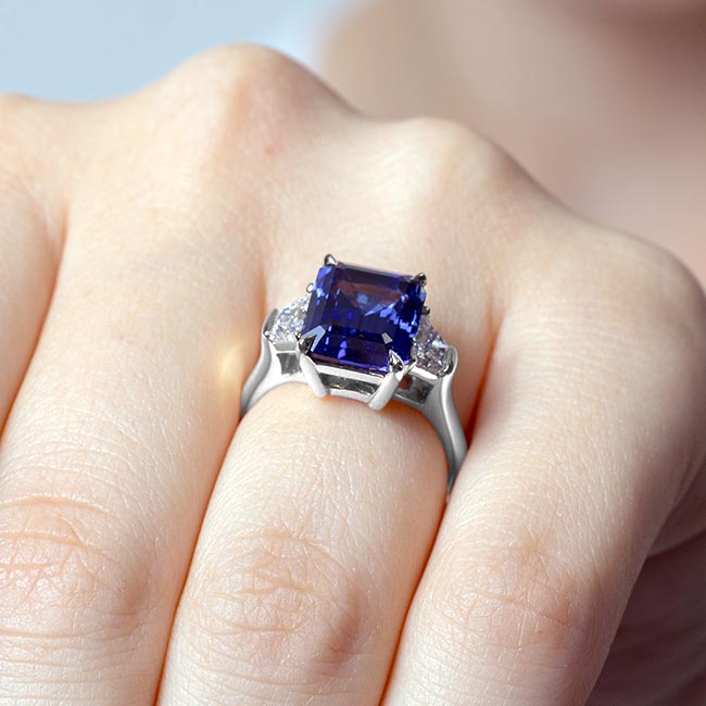 White Gold Emerald Cut 5 Carat Blue Sapphire Ring Image 5