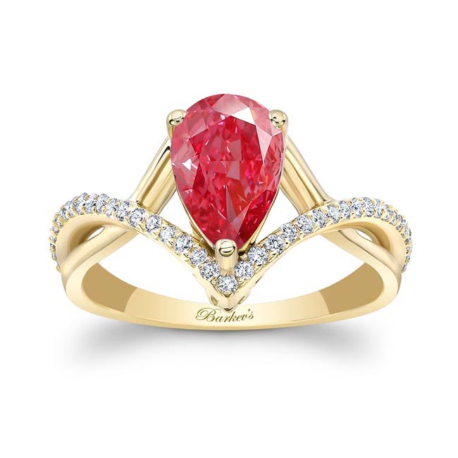 Yellow Gold Unique Pear Shaped Lab Grown Pink Diamond Engagement Ring