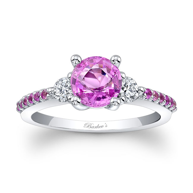  White Gold 3 Stone Pink Sapphire Engagement Ring Image 1