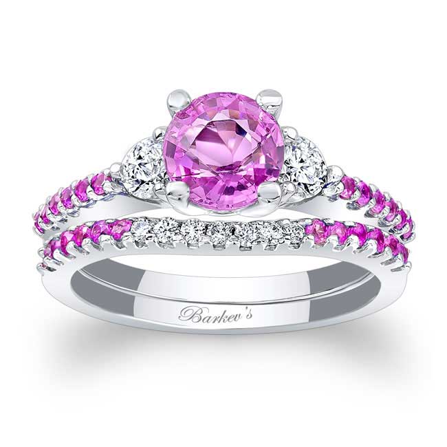  White Gold 3 Stone Pink Sapphire Wedding Ring Set Image 1