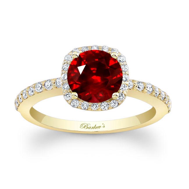 Yellow Gold 1 Carat Round Lab Ruby And Diamond Halo Engagement Ring