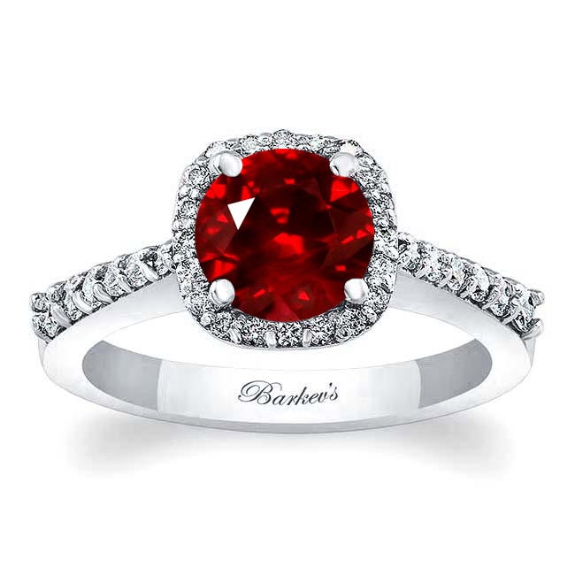 White Gold Round Ruby And Diamond Halo Ring