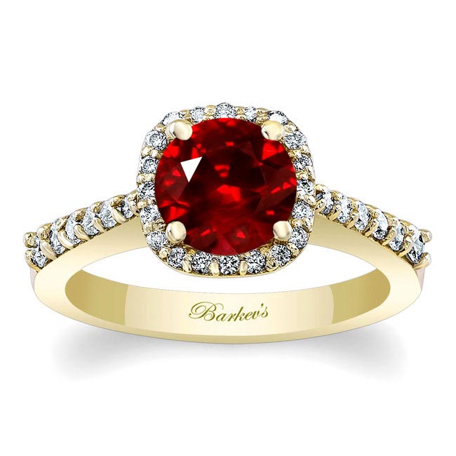 Yellow Gold Round Ruby And Diamond Halo Ring