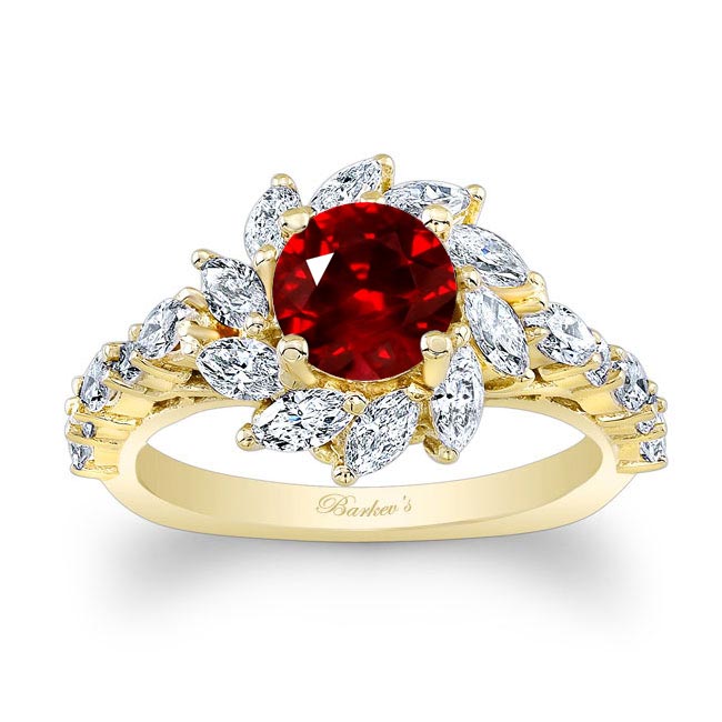 Yellow Gold Lab Ruby And Diamond Sunflower Engagement Ring