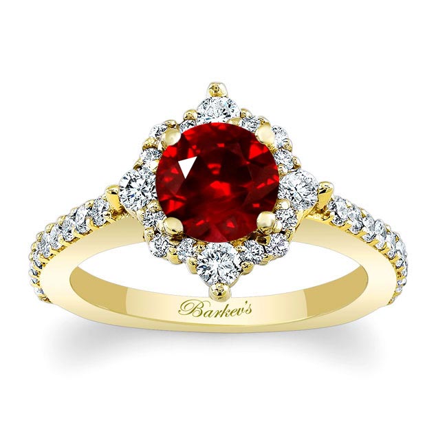 Yellow Gold Classic Halo Lab Ruby And Diamond Engagement Ring