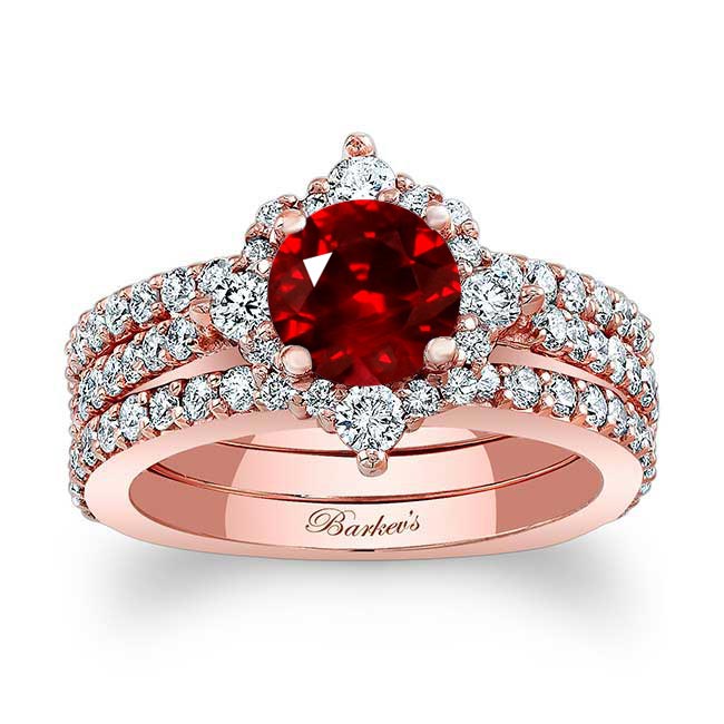 Rose Gold Classic Halo Ruby And Diamond Bridal Set With 2 Bands
