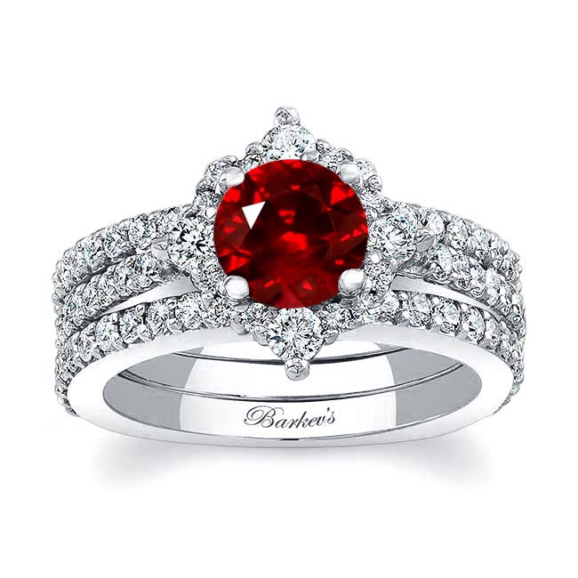White Gold Classic Halo Ruby And Diamond Bridal Set With 2 Bands