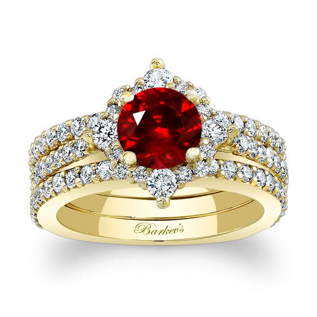 Yellow Gold Classic Halo Ruby And Diamond Bridal Set With 2 Bands