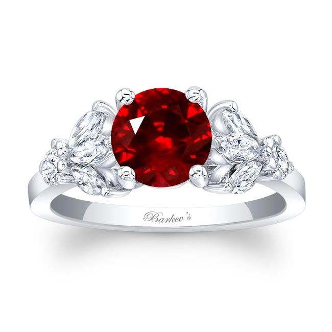 White Gold Marquise And Round Ruby And Diamond Ring
