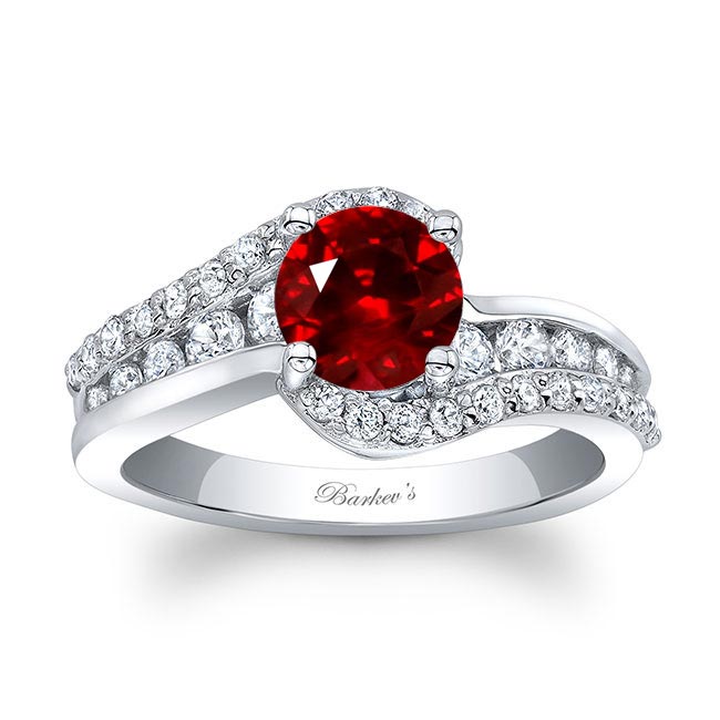 White Gold Curved Lab Ruby And Diamond Engagement Ring