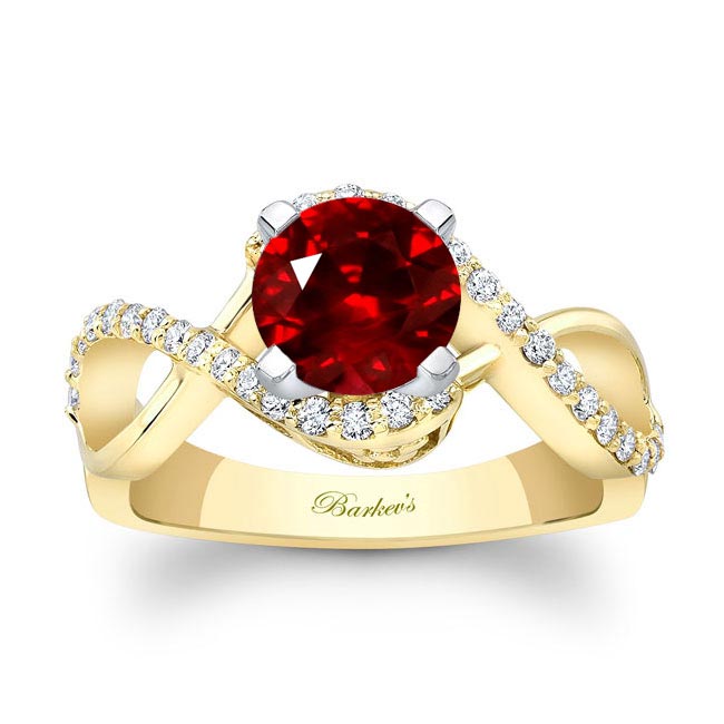 Yellow Gold Ruby And Diamond Infinity Twist Engagement Ring