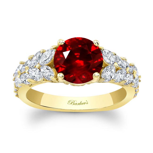 Yellow Gold 2 Carat Round Lab Ruby And Diamond Engagement Ring