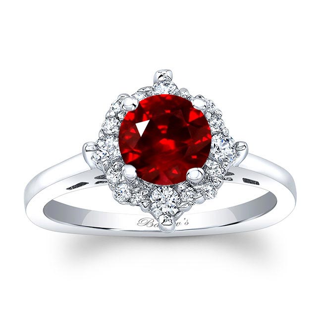 White Gold Round Halo Ruby And Diamond Engagement Ring