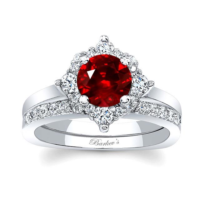 Round Halo Ruby And Diamond Bridal Set