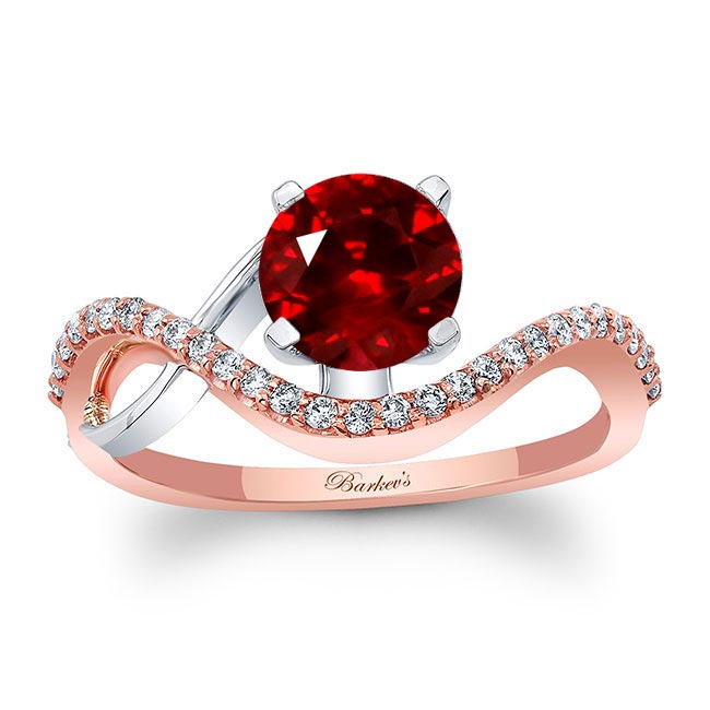 Rose Gold Curved Lab Ruby And Diamond Wedding Ring