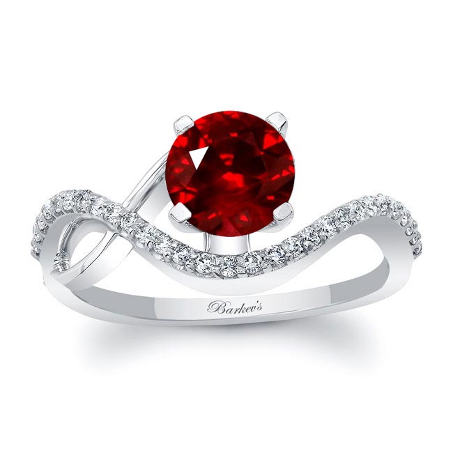 White Gold Curved Lab Ruby And Diamond Wedding Ring