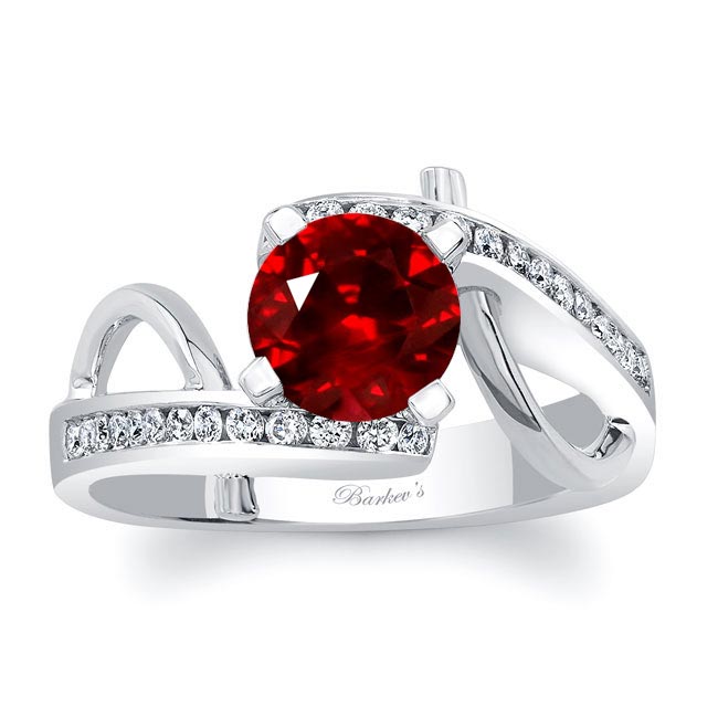 White Gold Curved Trim Lab Ruby And Diamond Engagement Ring