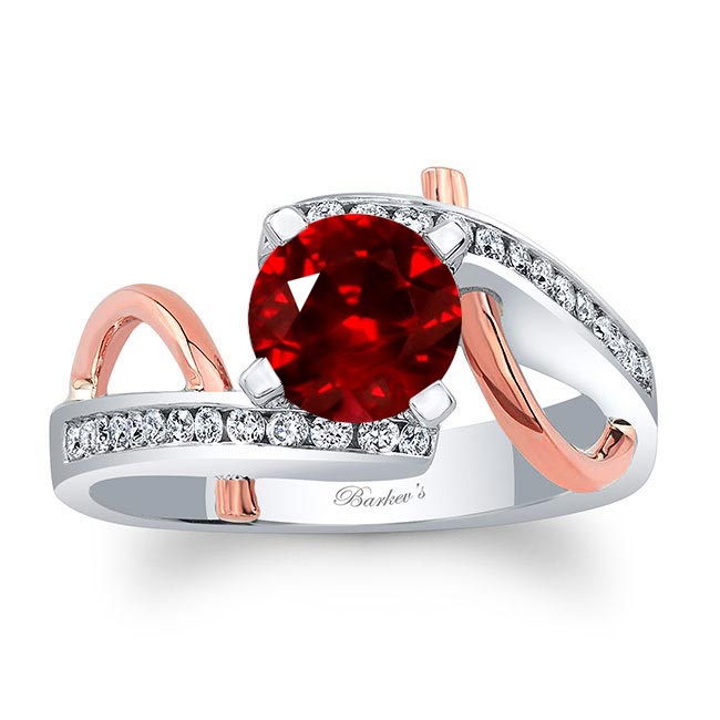 White Rose Gold Curved Trim Ruby And Diamond Engagement Ring