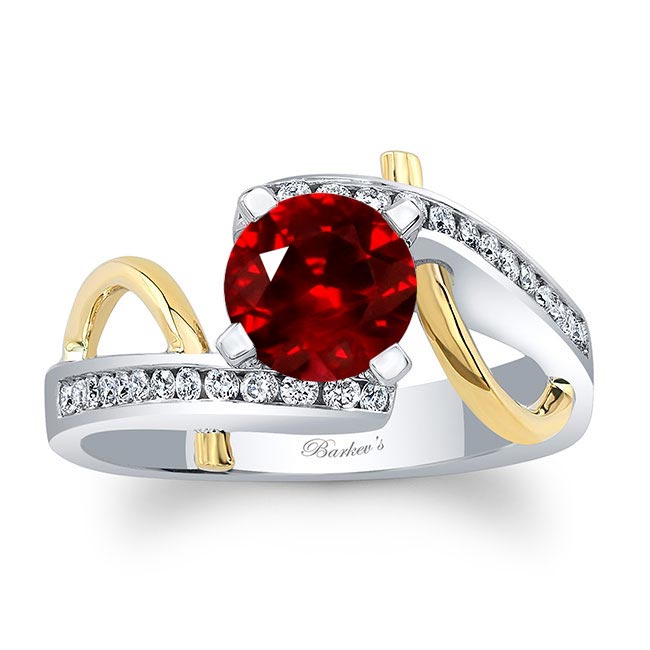 White Yellow Gold Curved Trim Ruby And Diamond Engagement Ring