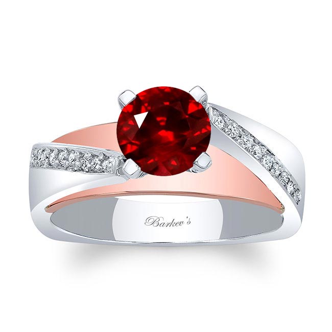White Rose Gold Split Shank Pave Ruby And Diamond Engagement Ring