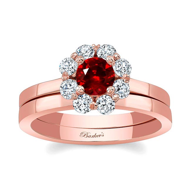 Rose Gold Halo Ruby And Diamond Solitaire Wedding Ring Set