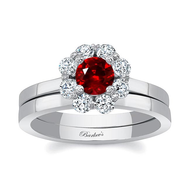 White Gold Halo Ruby And Diamond Solitaire Wedding Ring Set