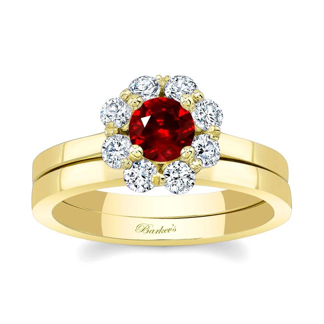 Yellow Gold Halo Ruby And Diamond Solitaire Wedding Ring Set