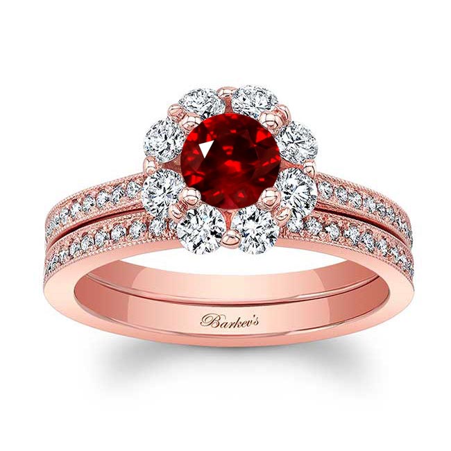 Rose Gold Halo Ruby And Diamond Ring Set