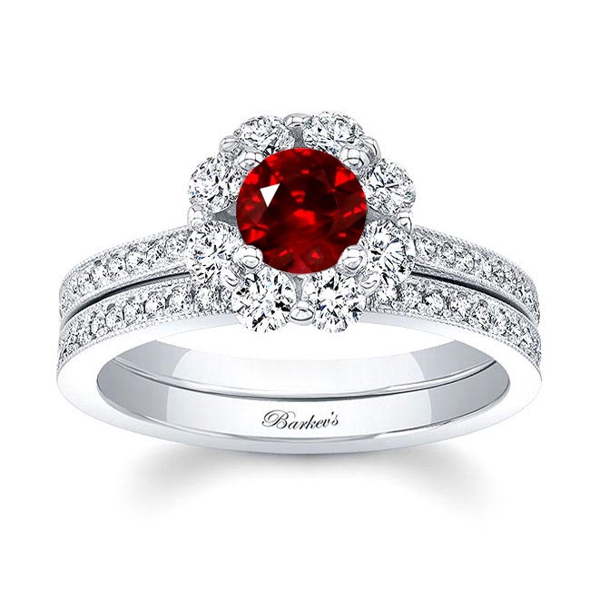 White Gold Halo Ruby And Diamond Ring Set