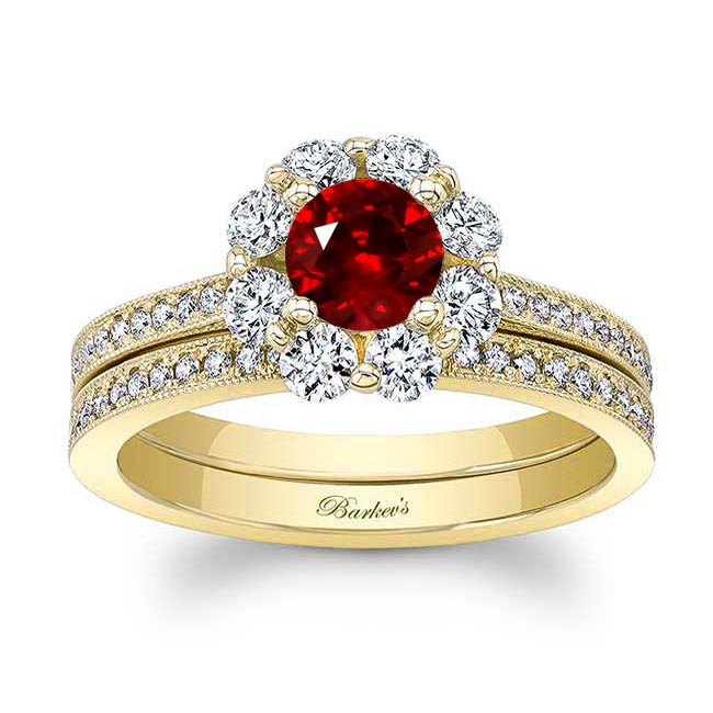Yellow Gold Halo Ruby And Diamond Ring Set