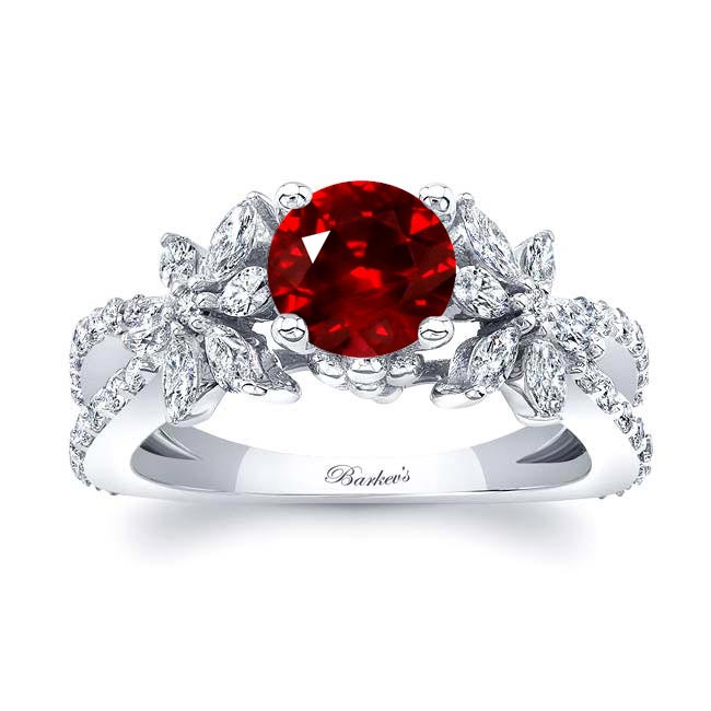 White Gold Ruby And Diamond Flower Ring